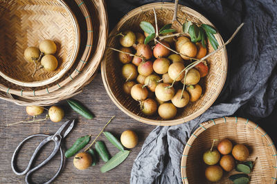 High angle view of fruits in basket on table