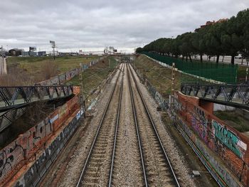 High angle view of railroad tracks against cloudy sky