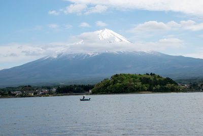 Scenic view of lake and mountains against sky