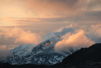 Scenic view of snowcapped mountains against sky during sunset