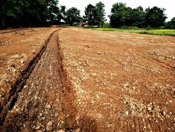 View of dirt road on field