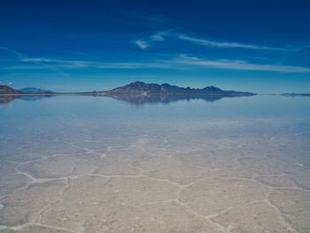 Scenic view of beach against blue sky