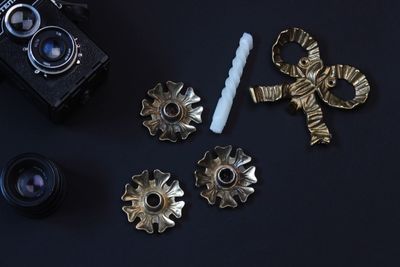 High angle view of clock on table