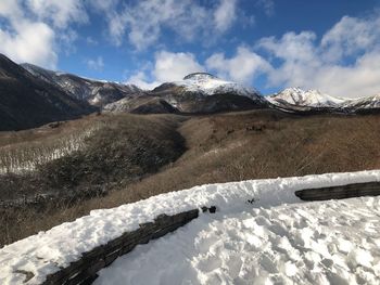 Scenic view of snow covered mountains against sky