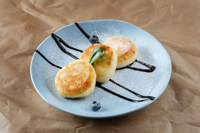 High angle view of dessert in plate on table