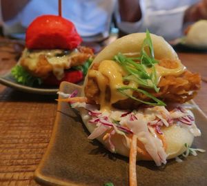 Close-up of served food on table