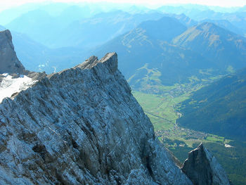 High angle view of landscape against mountains