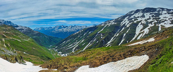 Scenic view of snowcapped mountains against sky