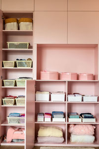 Portrait of textile arranged on shelf