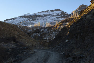 Scenic view of snowcapped mountains against clear sky