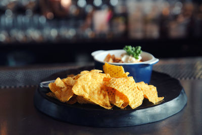 Close-up of serving food in plate