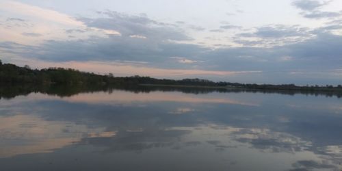 Scenic view of lake against sky at sunset