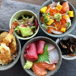 High angle view of japanese food in bowl on table