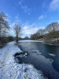 Scenic view of snow covered trees against blue sky