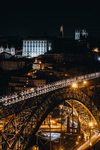 Illuminated bridge over river in city at night