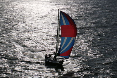 High angle view of sailboat in sea