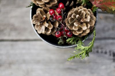 Close-up of pine cones with berries for christmas