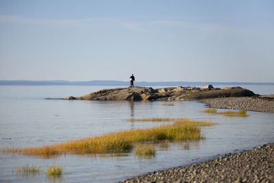 Back view of couple standing on rocks on the st. lawrence river coast looking at the view