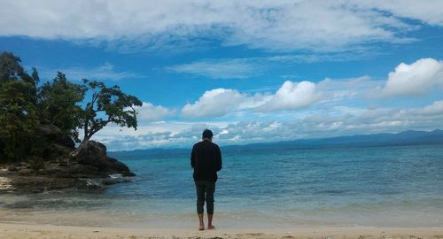 Rear view of man looking at sea against sky