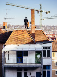 Rear view of man standing on building roof
