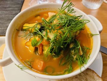 High angle view of soup in bowl on table