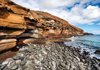 Rock formations by sea against sky