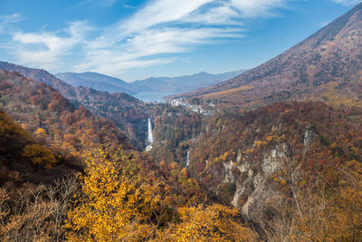 Scenic view of mountains against sky during autumn