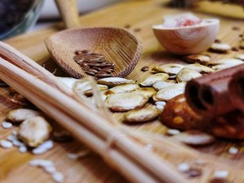 High angle view of various food on table