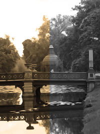 Digital composite image of building by lake against sky