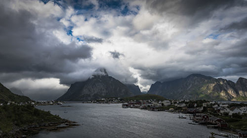 Panoramic shot of sea and mountains against sky at the lofoten 