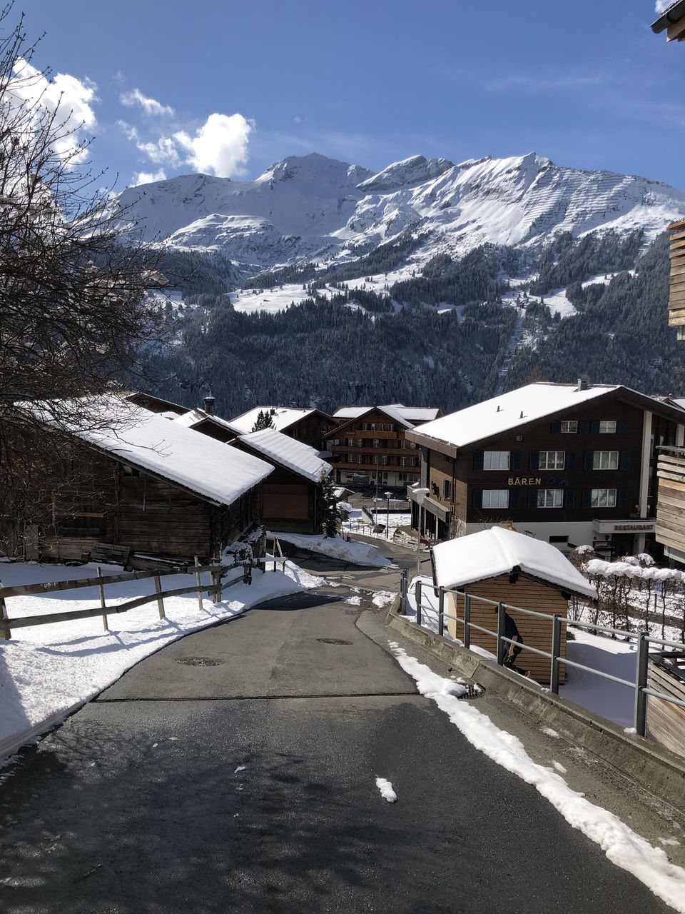 SNOW COVERED BUILDINGS AGAINST SKY