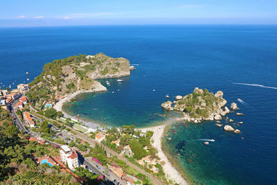 Aerial view of isola bella island in taormina, italy