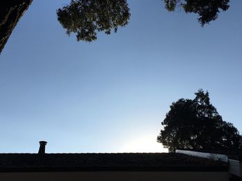 Low angle view of silhouette tree against clear blue sky