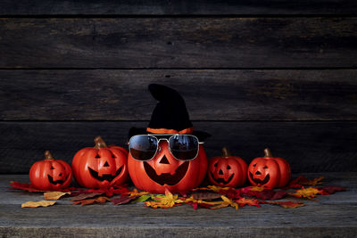 View of pumpkins on table