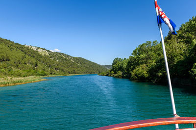 Scenic view of sea against clear blue sky