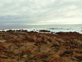 Scenic view of rocky beach against sky