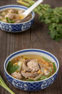 Close-up of soup in bowl on table