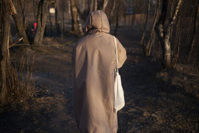 Rear view of person walking in forest
