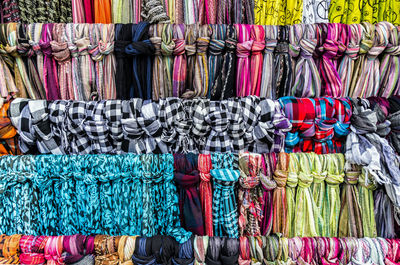 Full frame shot of colorful scarfs for sale at market