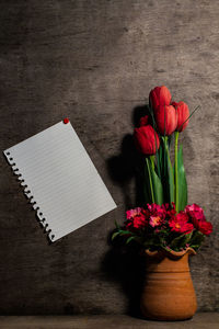 Still life photography with note paper mounted on wood walls and potted flowers.