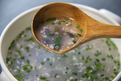 High angle view of soup in bowl on table