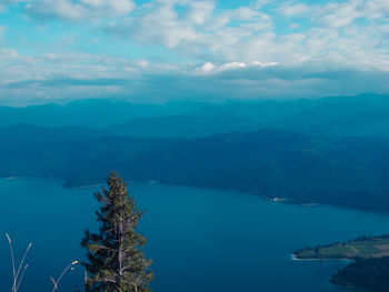 Scenic view of lake and mountains against sky