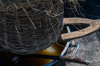 High angle view of cooking pot with water and utensils