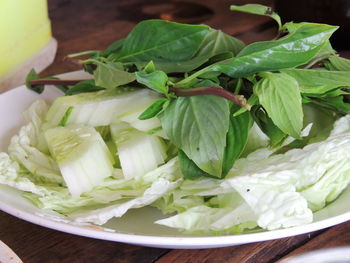 Close-up of chopped vegetables in plate on table