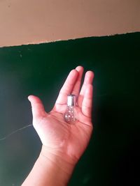 Cropped hand of person holding light bulb on table