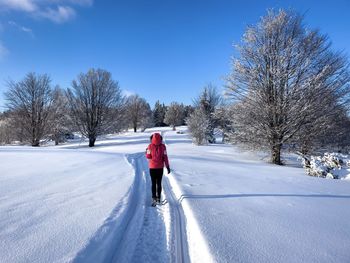 Rear view of woman with red coat and backpack walking on a lonely road going through a snowy forest