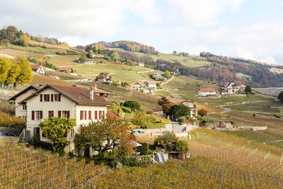 Houses on field by buildings against sky