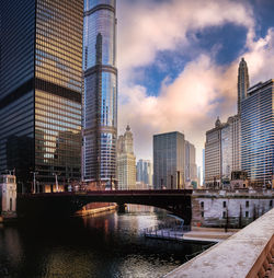 Bridge over river with city in background