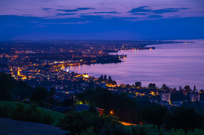 High angle view of illuminated city at night