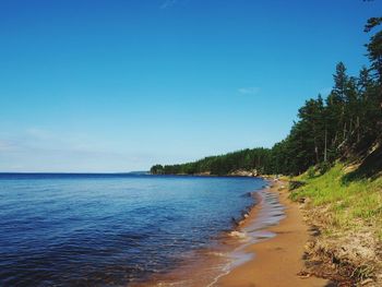 Scenic view of sea against clear blue sky